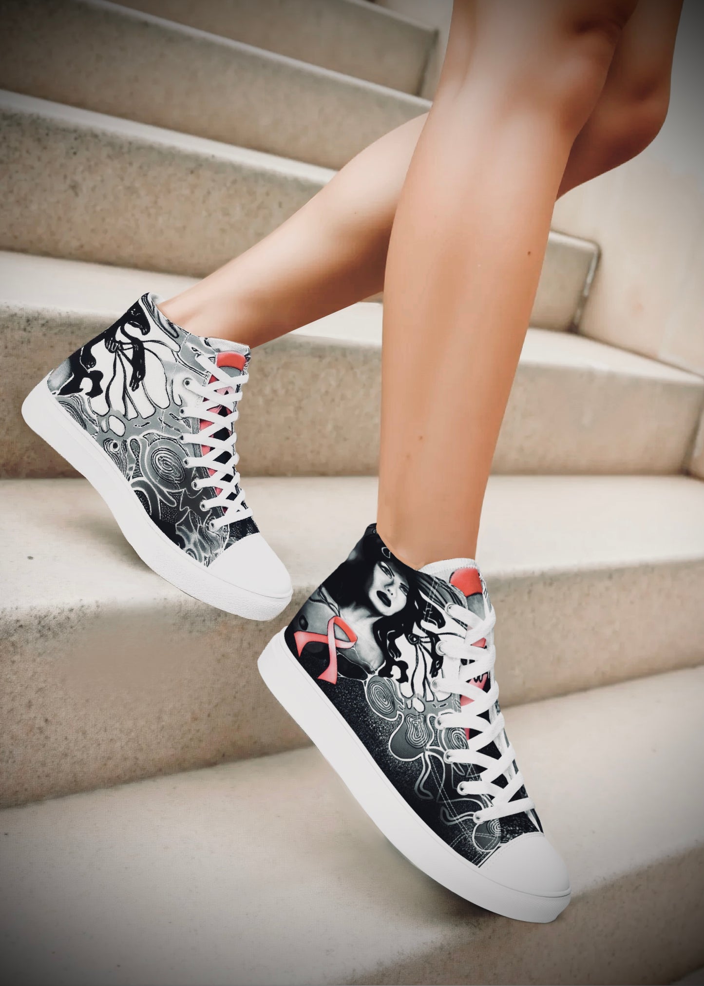 Pink Ribbon (Noir) Women’s High Top Canvas Shoes