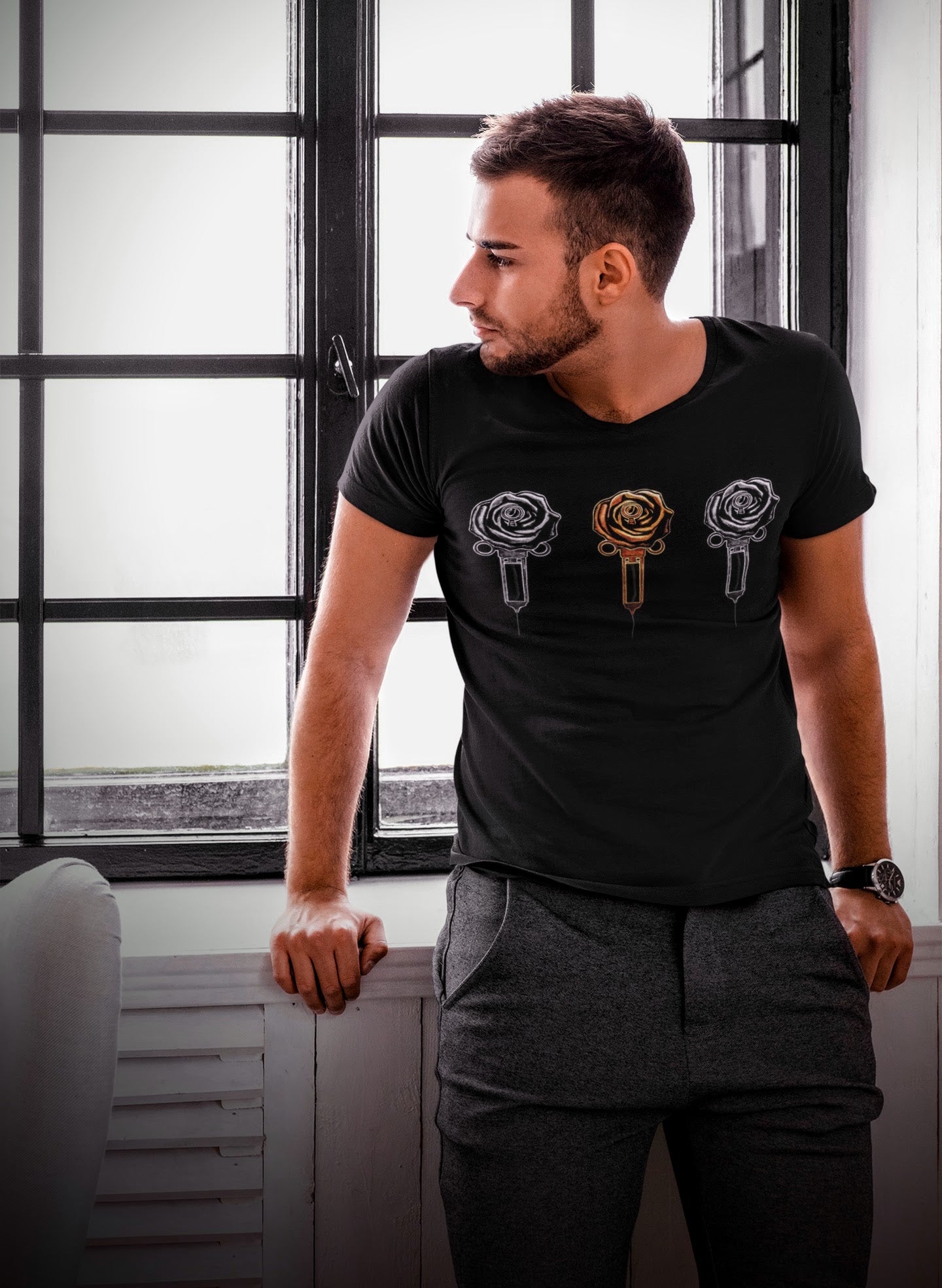 3 Roses Unisex Short Sleeve V-Neck T-Shirt