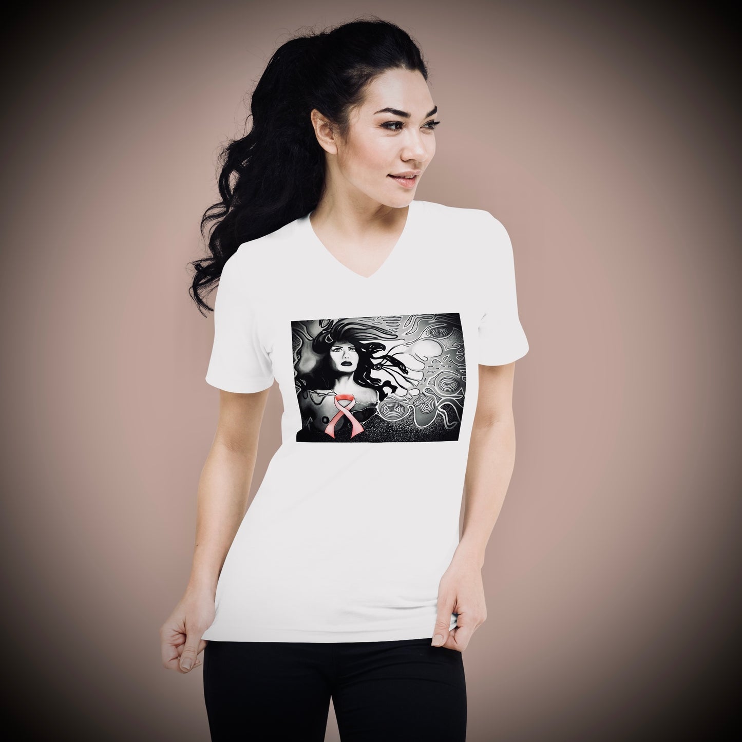 Pink Ribbon (Noir) - Unisex Short Sleeve V-Neck Tee