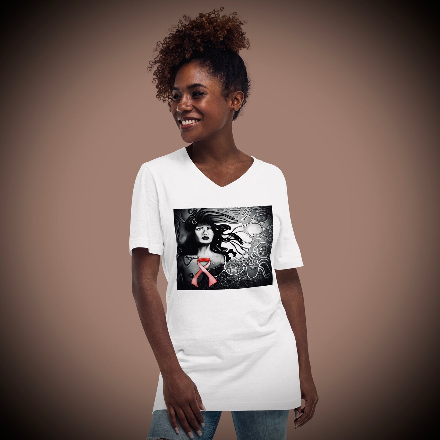Pink Ribbon (Noir) - Unisex Short Sleeve V-Neck Tee