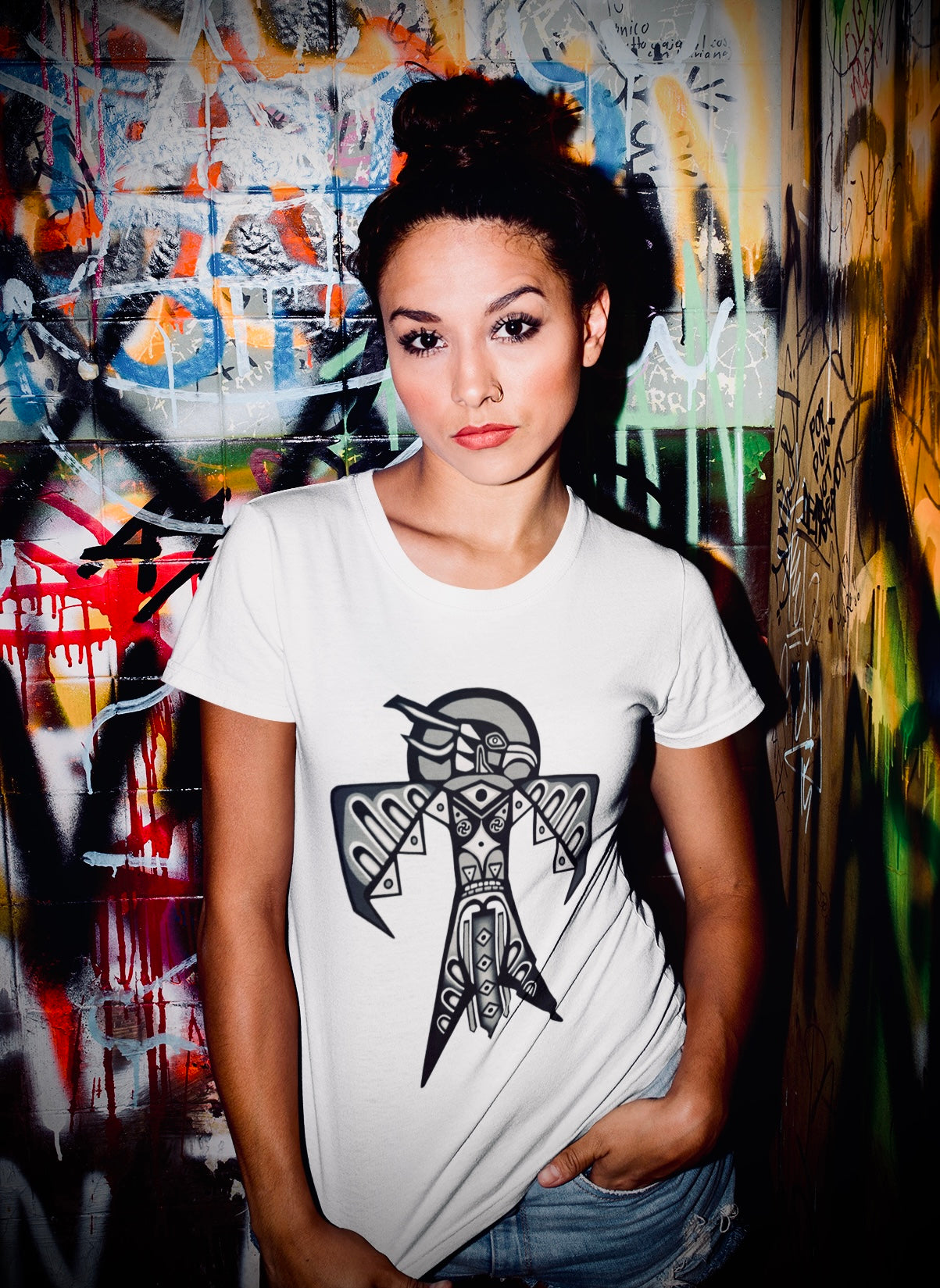 Thunderbird (Noir) - Women's Relaxed Crew Neck - White Tee