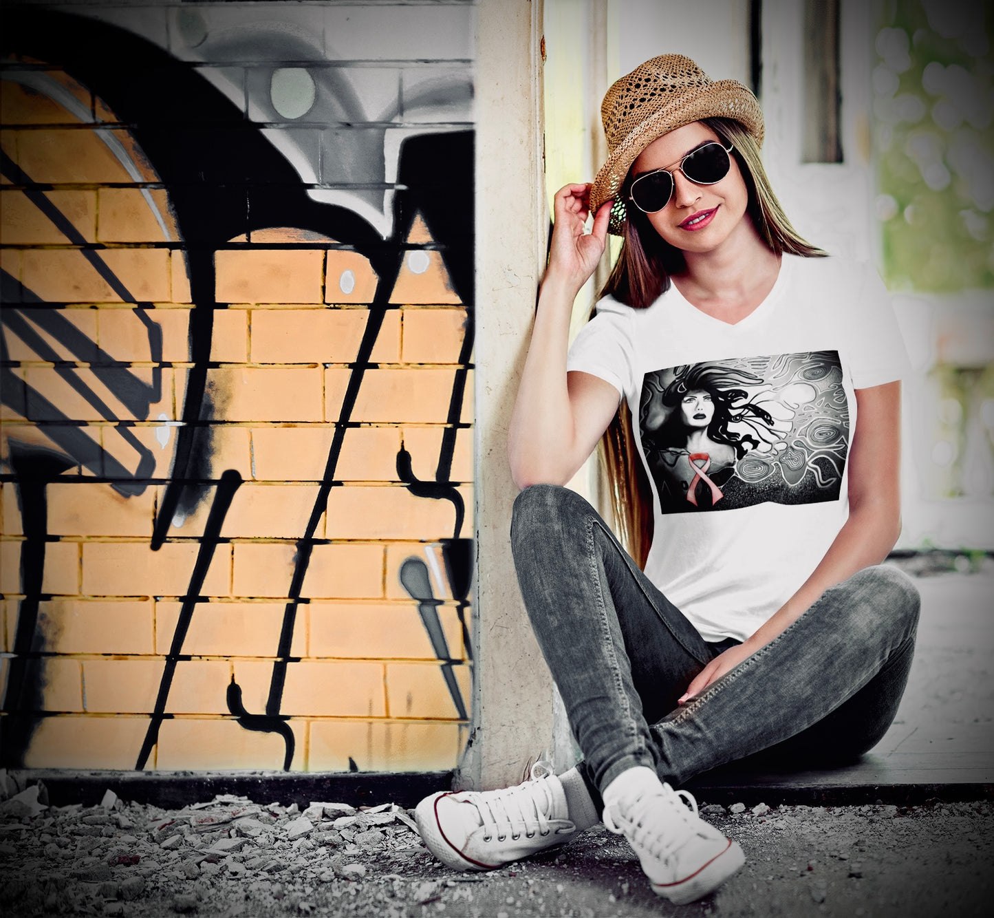 Pink Ribbon (Noir) - Unisex Short Sleeve V-Neck Tee