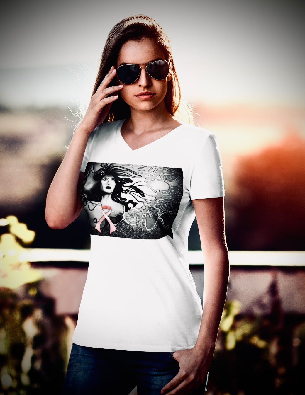 Pink Ribbon (Noir) - Unisex Short Sleeve V-Neck Tee