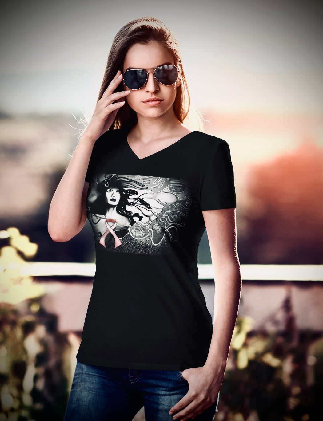 Breast Cancer Awareness (Noir) - Unisex Short Sleeve V-Neck Tee