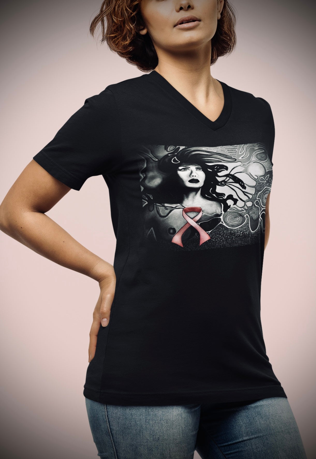 Breast Cancer Awareness (Noir) - Unisex Short Sleeve V-Neck Tee