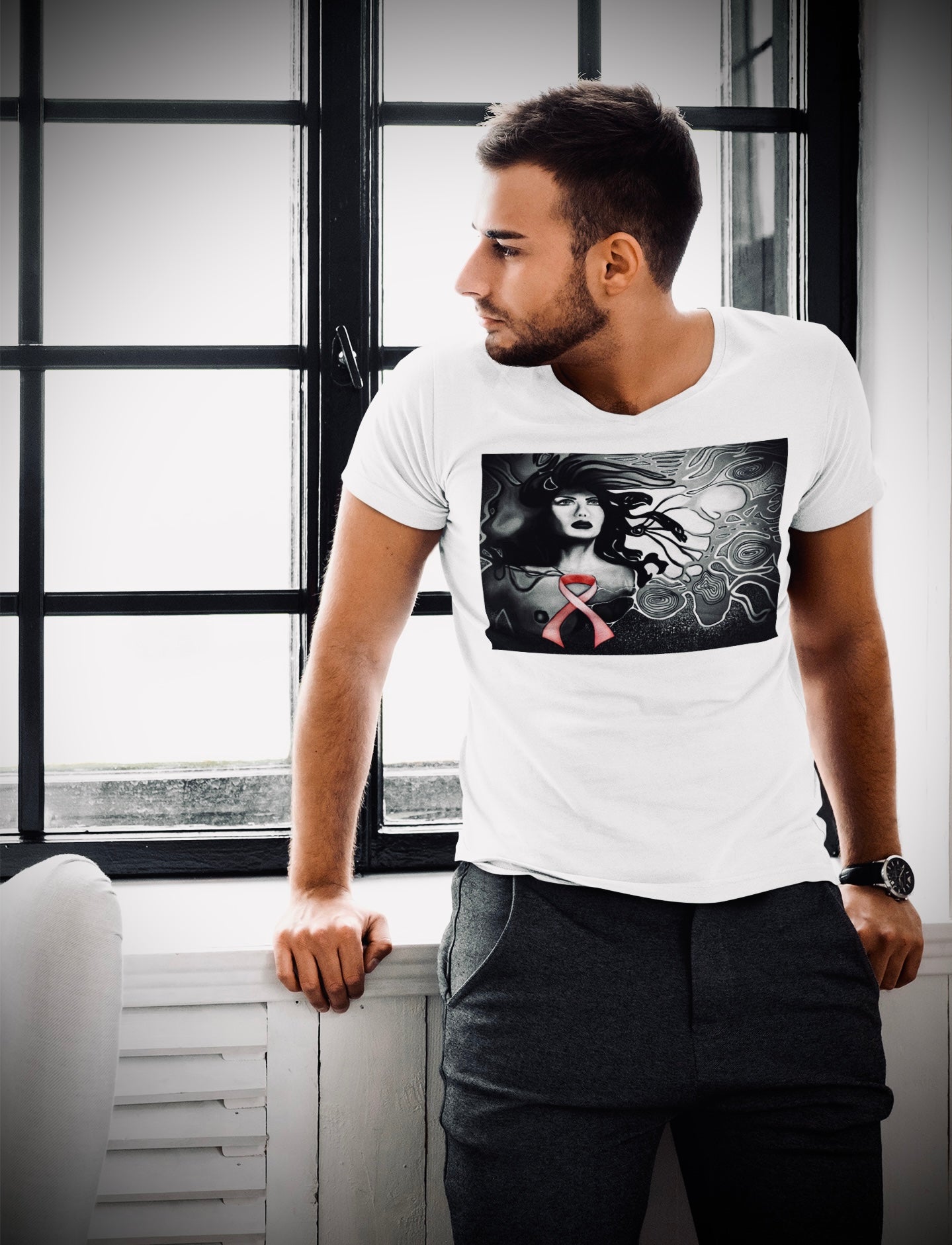 Pink Ribbon (Noir) - Unisex Short Sleeve V-Neck Tee