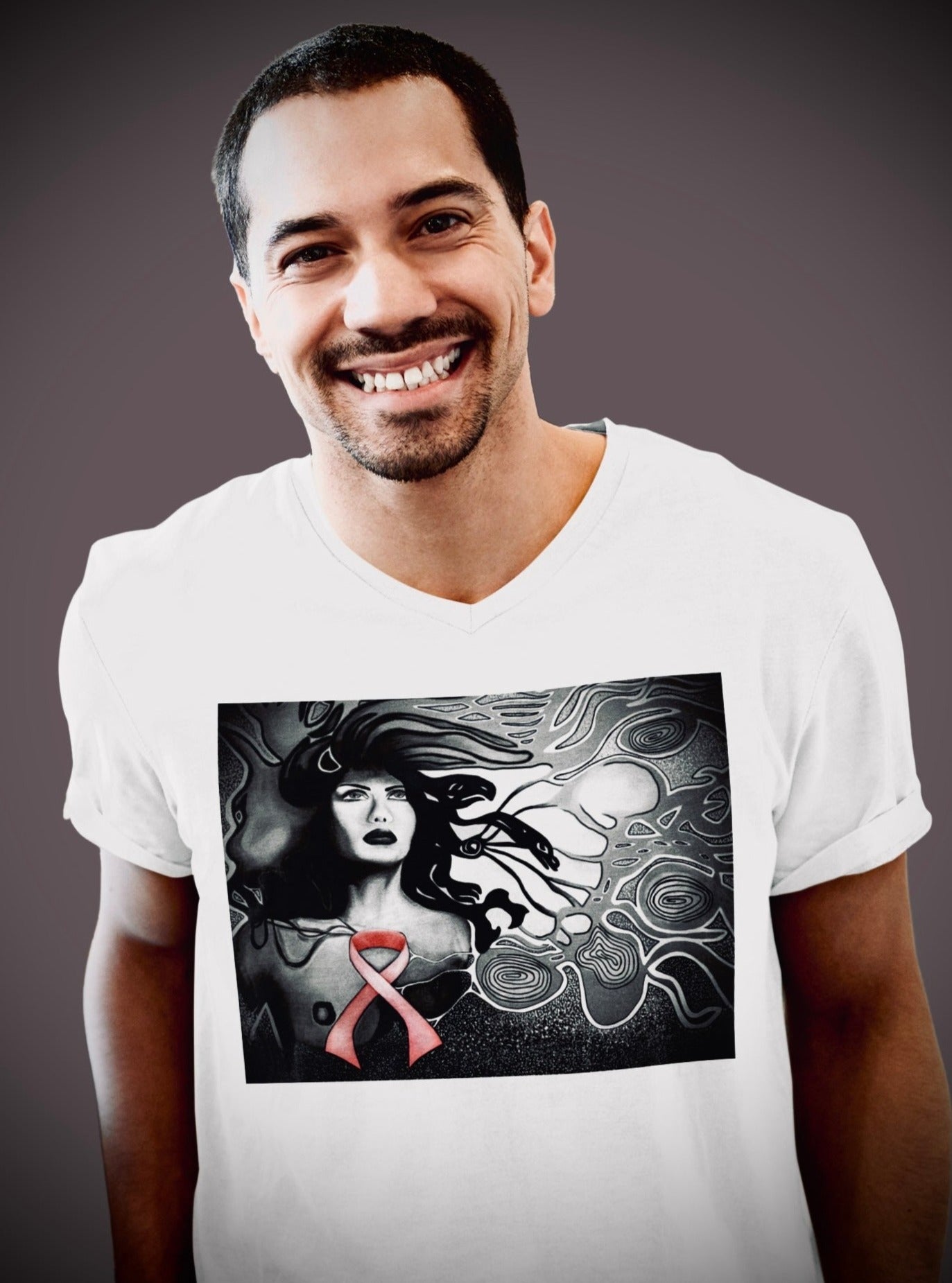 Pink Ribbon (Noir) - Unisex Short Sleeve V-Neck Tee