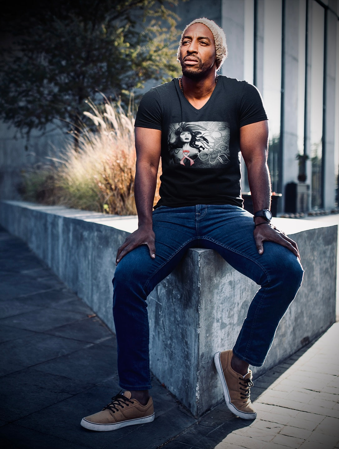 Pink Ribbon (Noir) - Unisex Short Sleeve V-Neck Black Tee