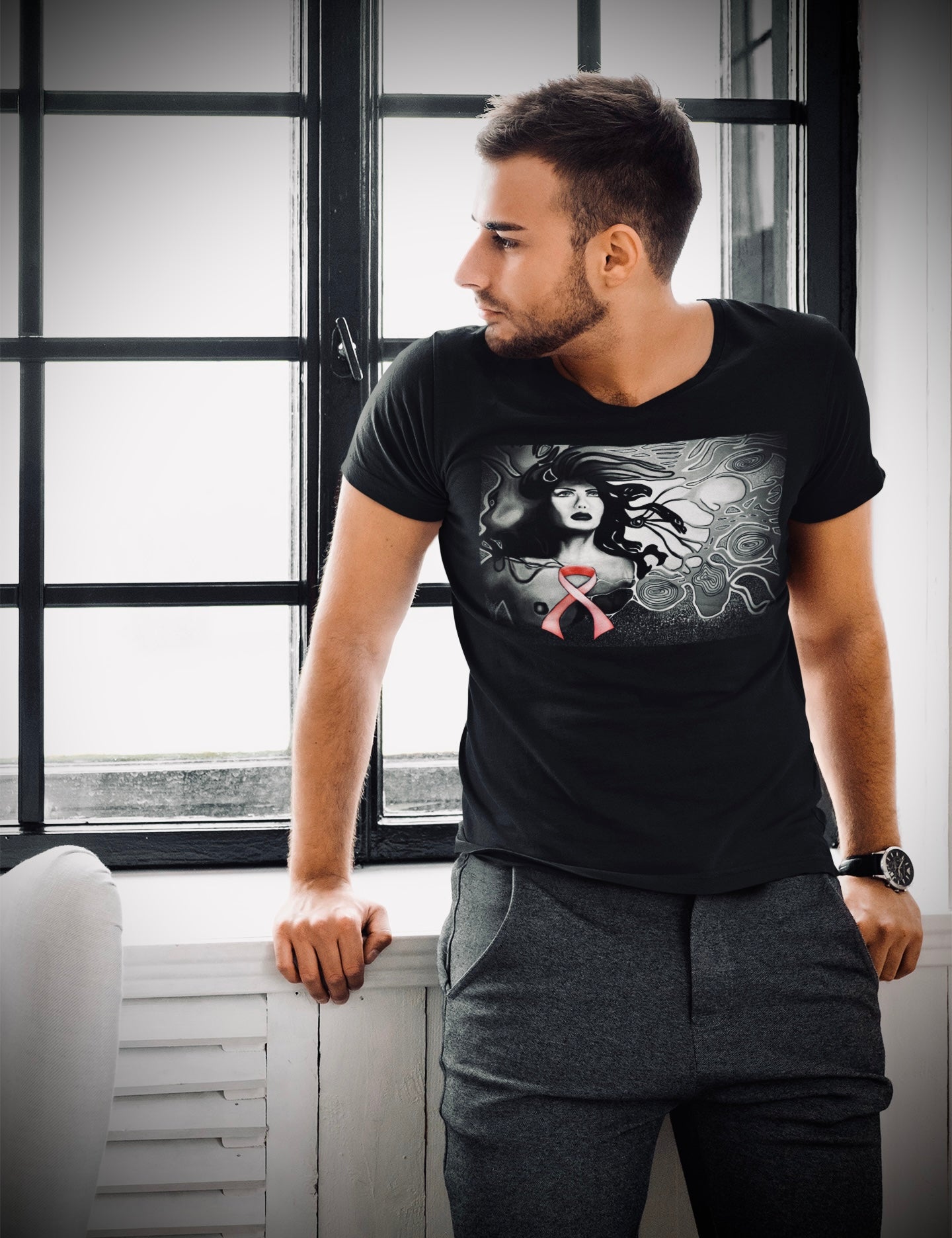 Pink Ribbon (Noir) - Unisex Short Sleeve V-Neck Black Tee