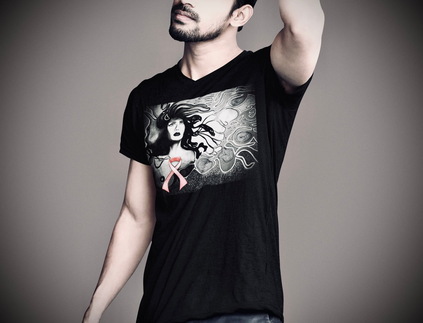 Pink Ribbon (Noir) - Unisex Short Sleeve V-Neck Black Tee