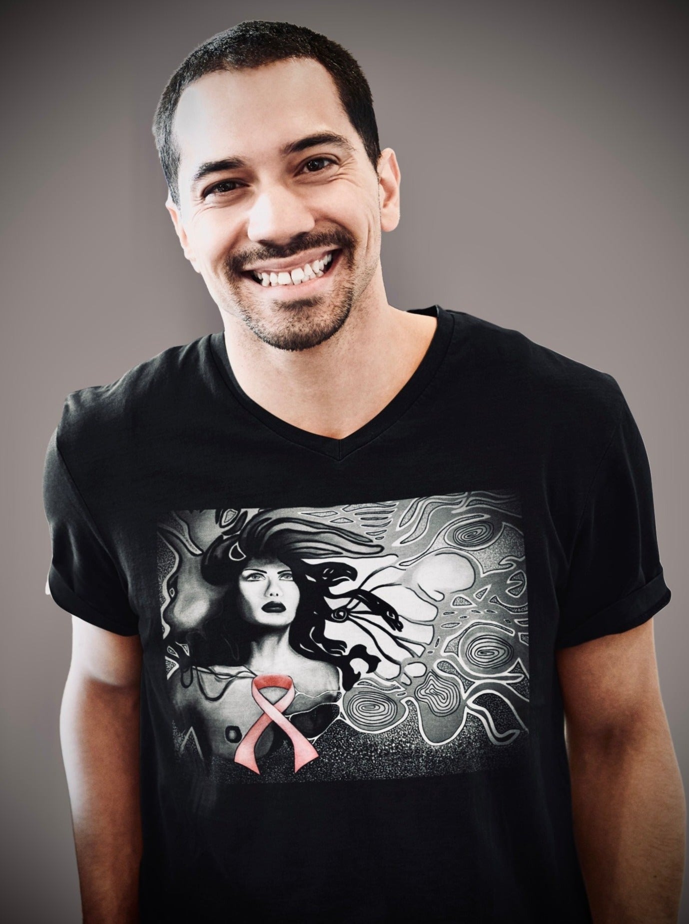 Pink Ribbon (Noir) - Unisex Short Sleeve V-Neck Black Tee