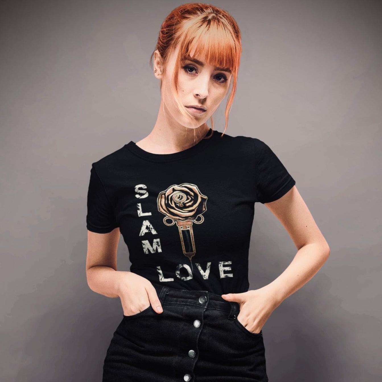 Slam Love - Gold Rose - Women's Relaxed Crew Neck - Black Tee