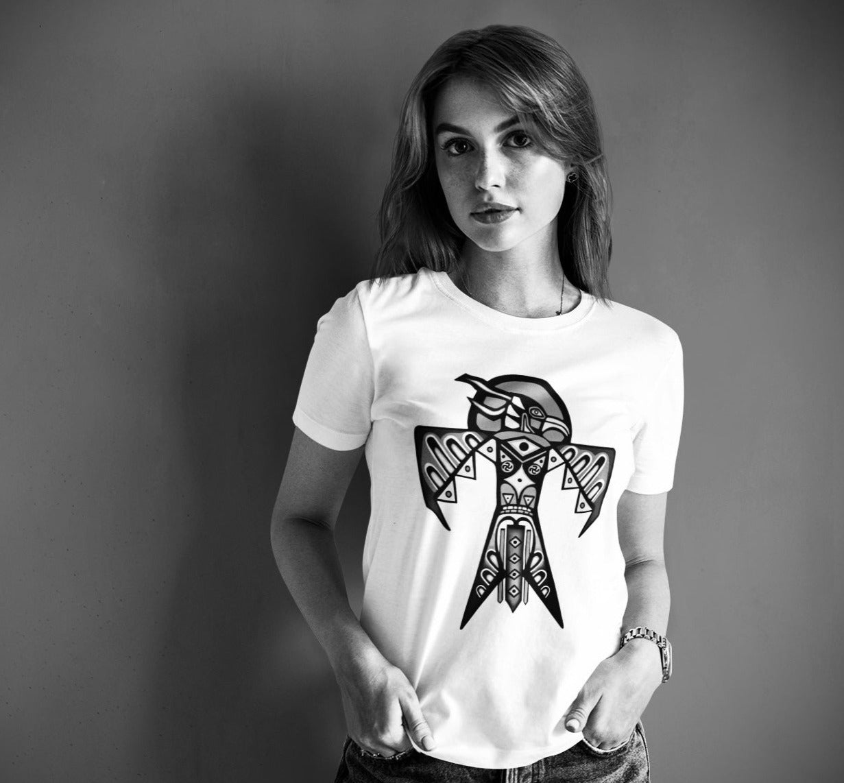Thunderbird (Noir) - Women's Relaxed Crew Neck - White Tee