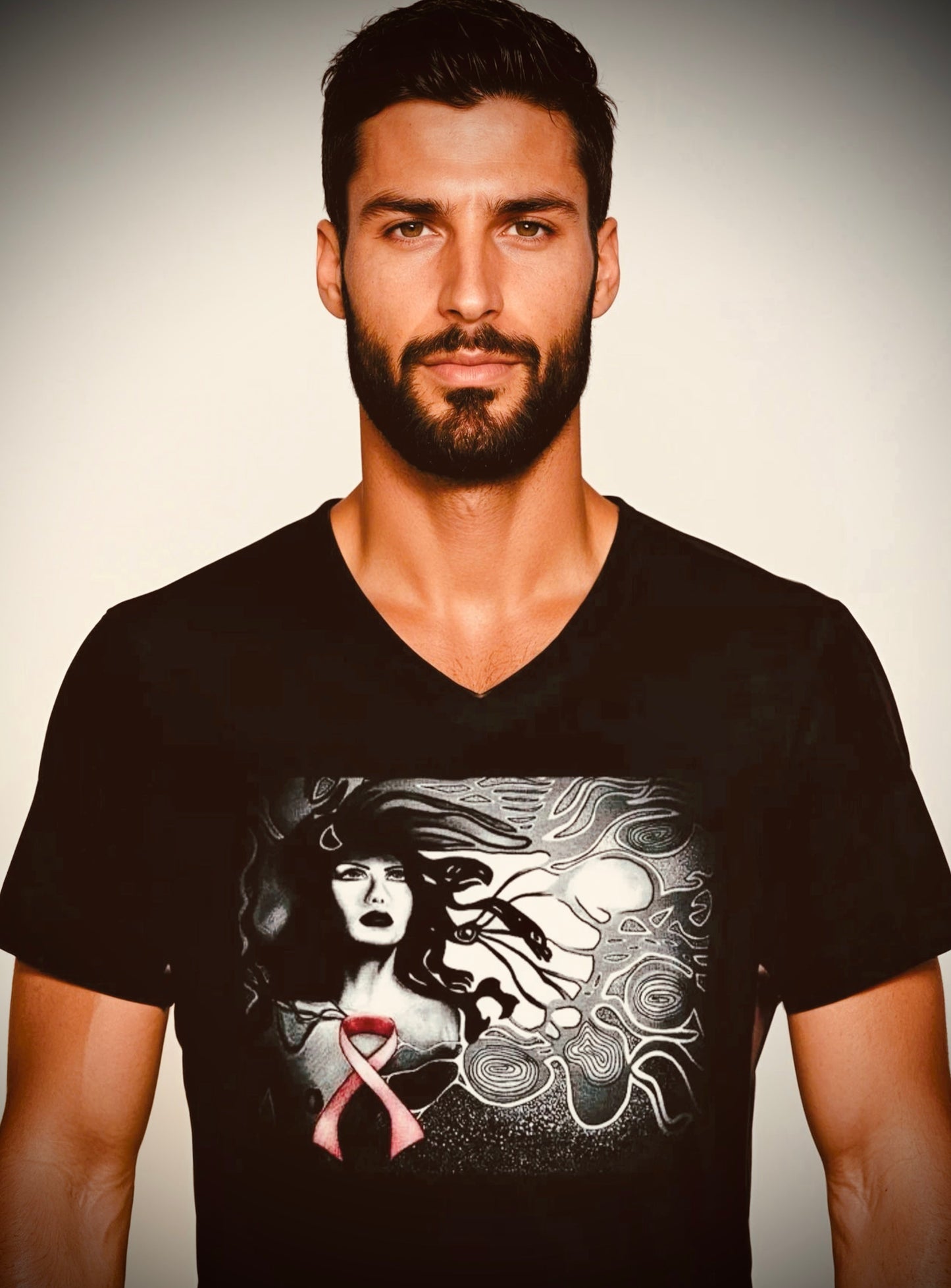 Pink Ribbon (Noir) - Unisex Short Sleeve V-Neck Black Tee