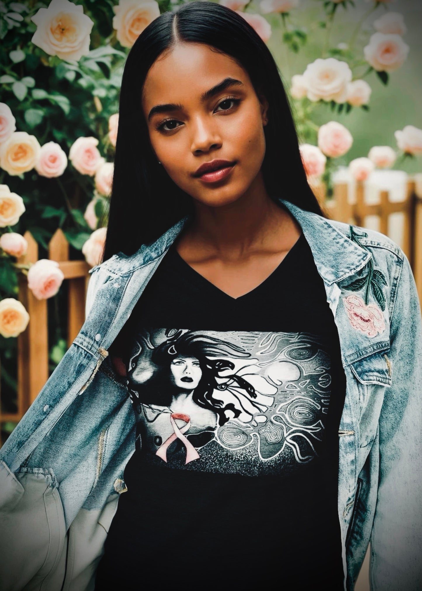 Breast Cancer Awareness (Noir) - Unisex Short Sleeve V-Neck Tee