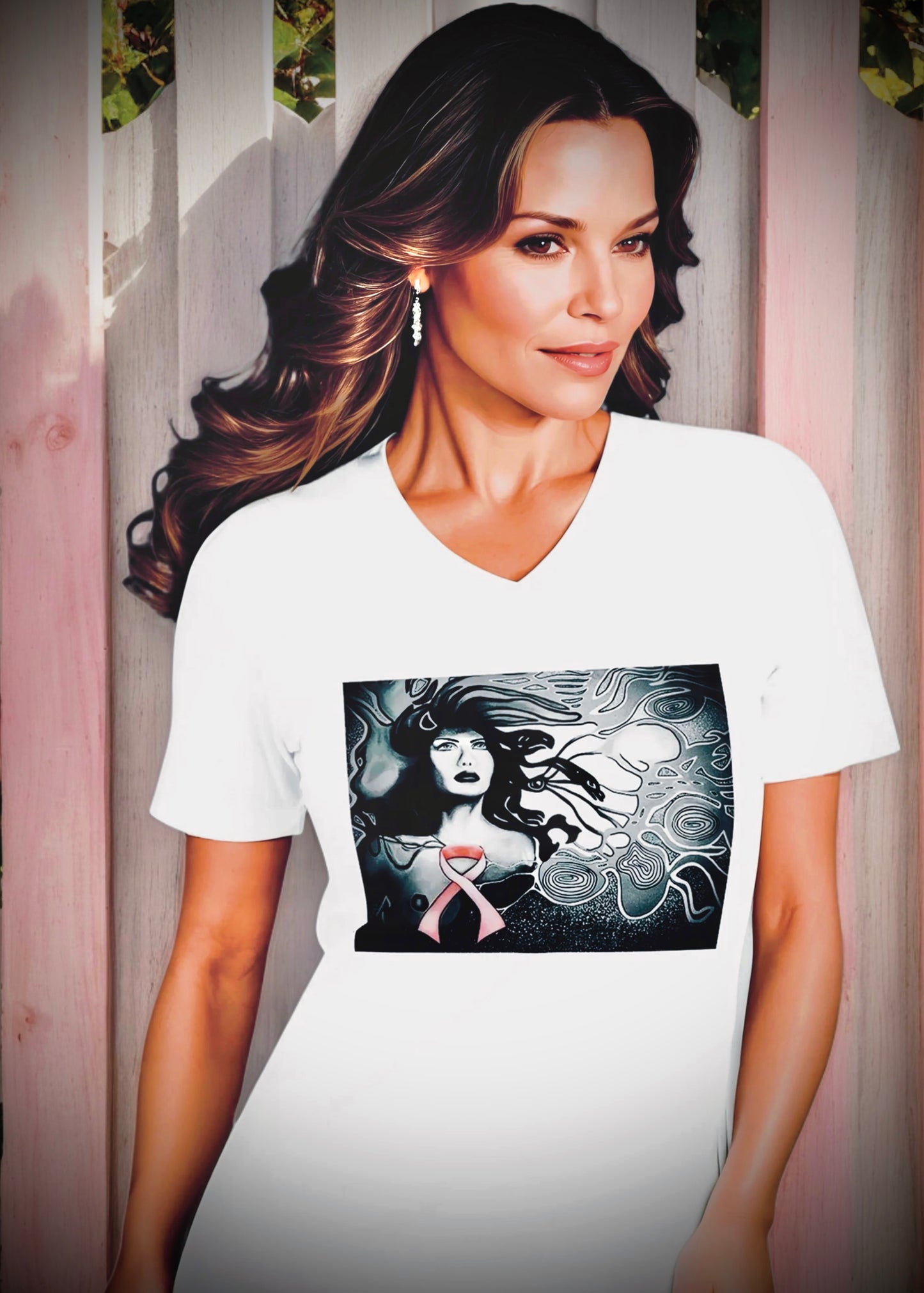 Pink Ribbon (Noir) - Unisex Short Sleeve V-Neck Tee