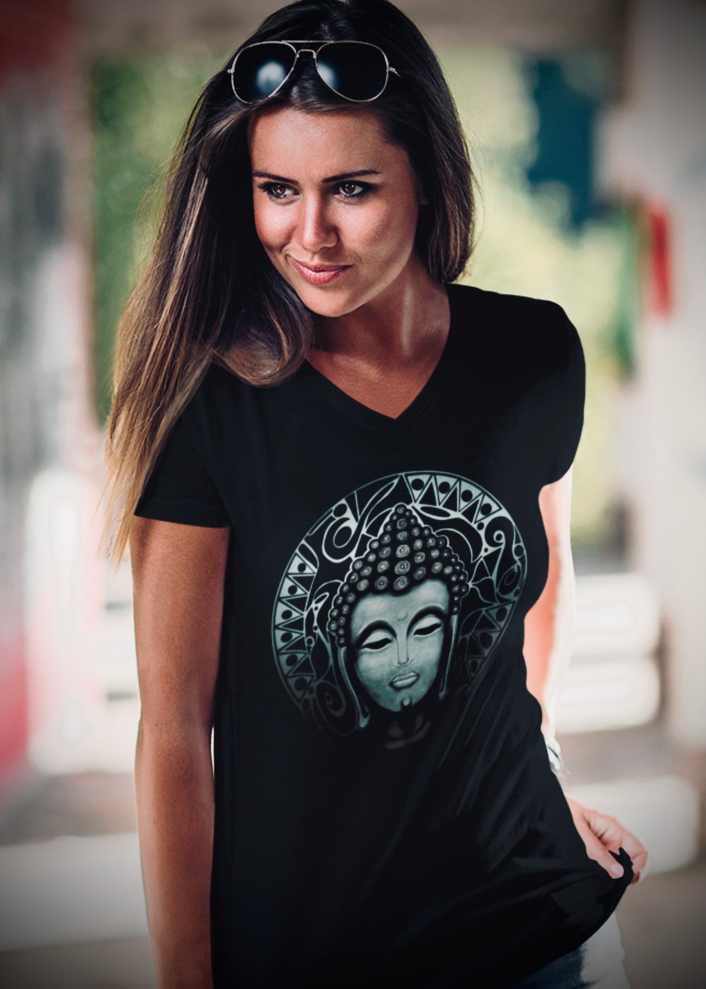 Buddha (Noir) - Unisex Short Sleeve V-Neck Tee