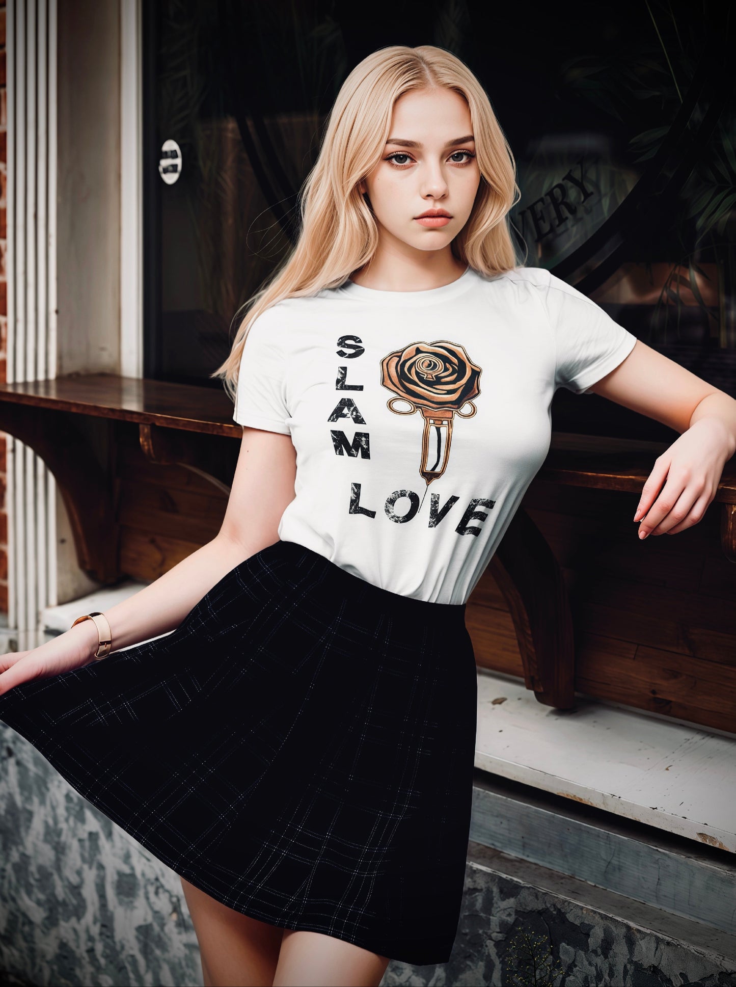 Slam Love - Gold Rose - Women's Relaxed Crew Neck - White Tee