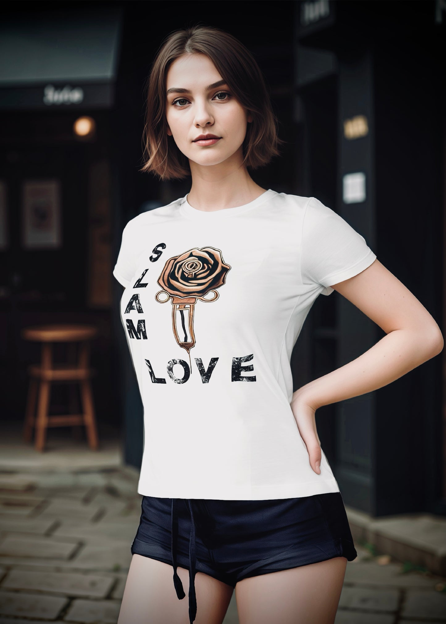 Slam Love - Gold Rose - Women's Relaxed Crew Neck - White Tee