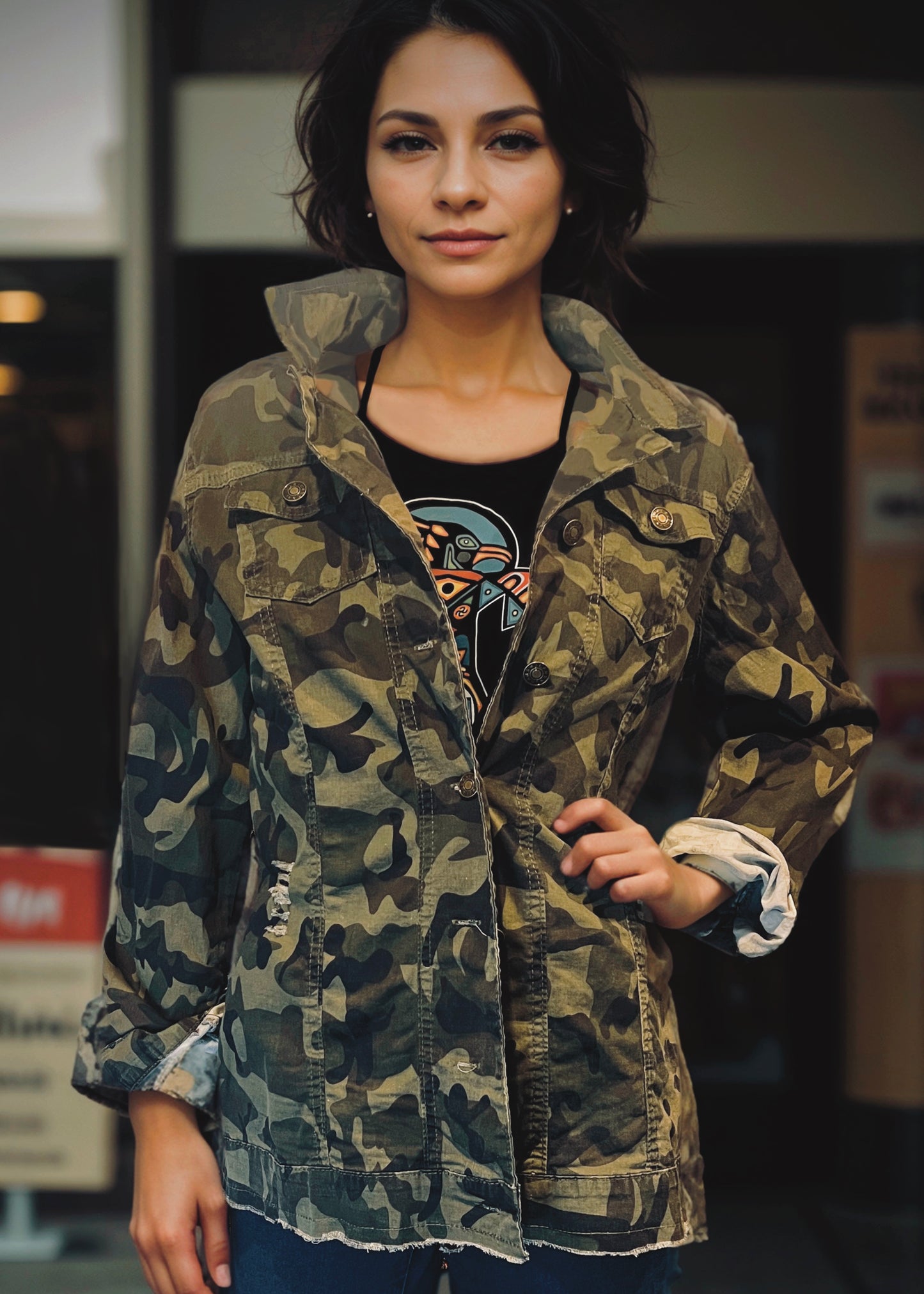 Thunderbird (Noir) - Women's Button Up Long Sleeve Camo Print