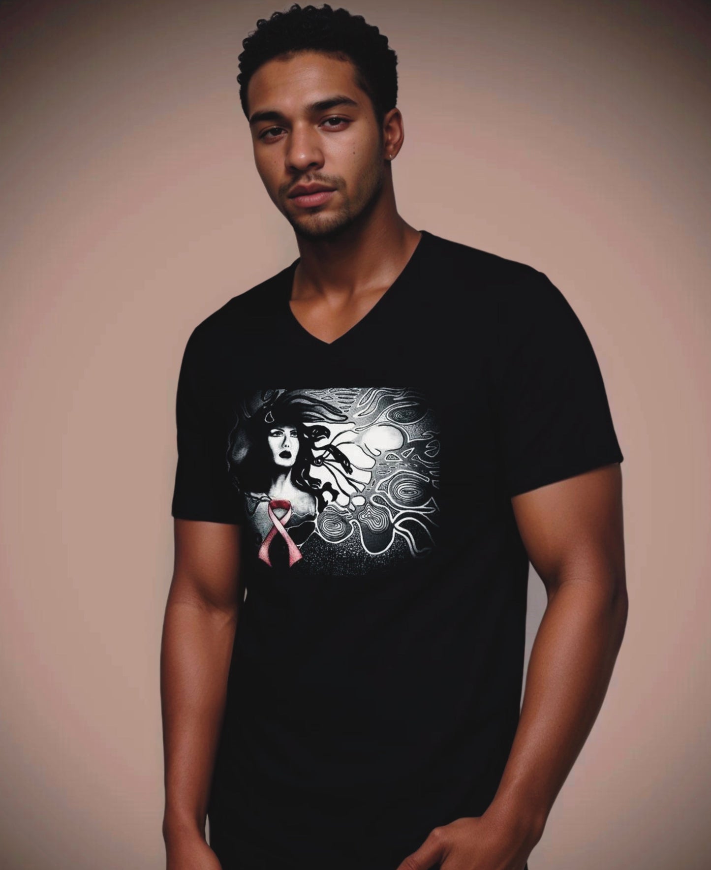 Pink Ribbon (Noir) - Unisex Short Sleeve V-Neck Black Tee