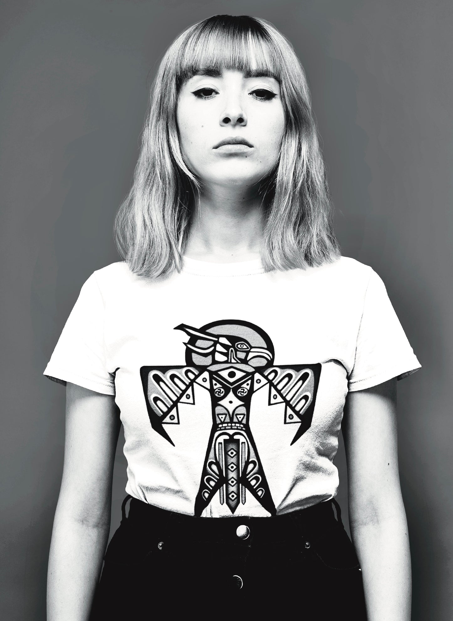 Thunderbird (Noir) - Women's Relaxed Crew Neck - White Tee