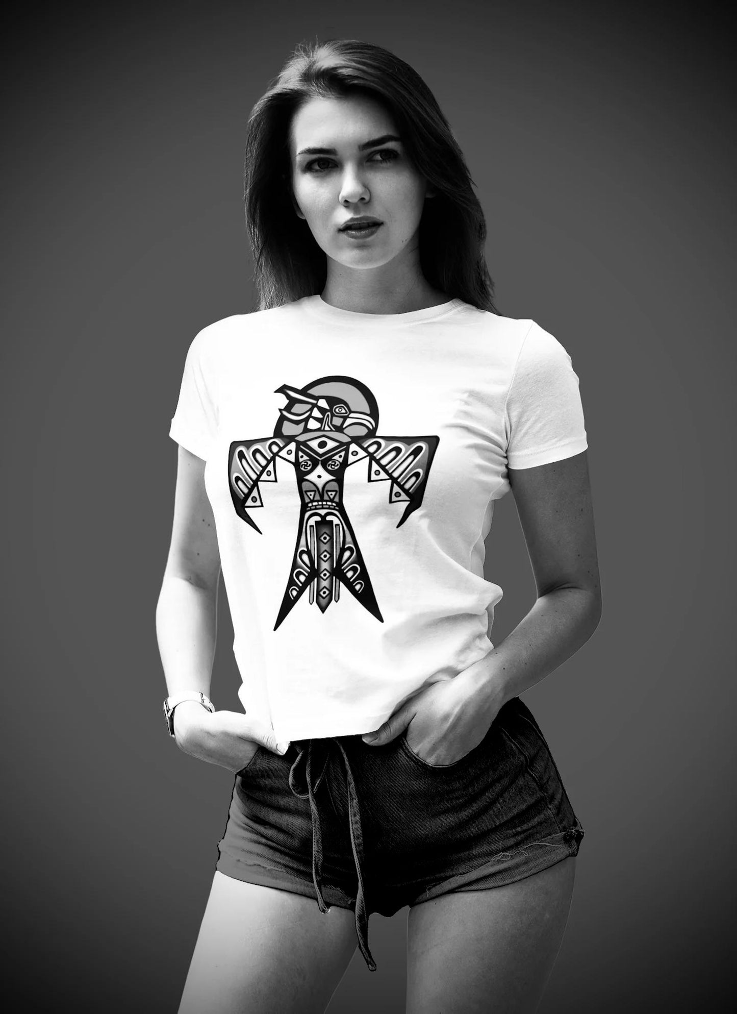 Thunderbird (Noir) - Women's Relaxed Crew Neck - White Tee
