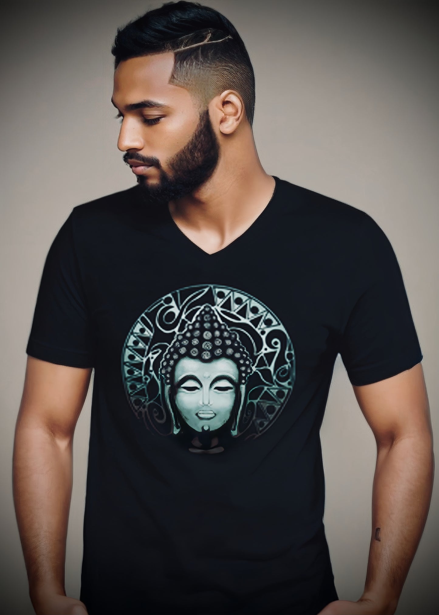 Buddha (Noir) - Unisex Short Sleeve V-Neck Tee