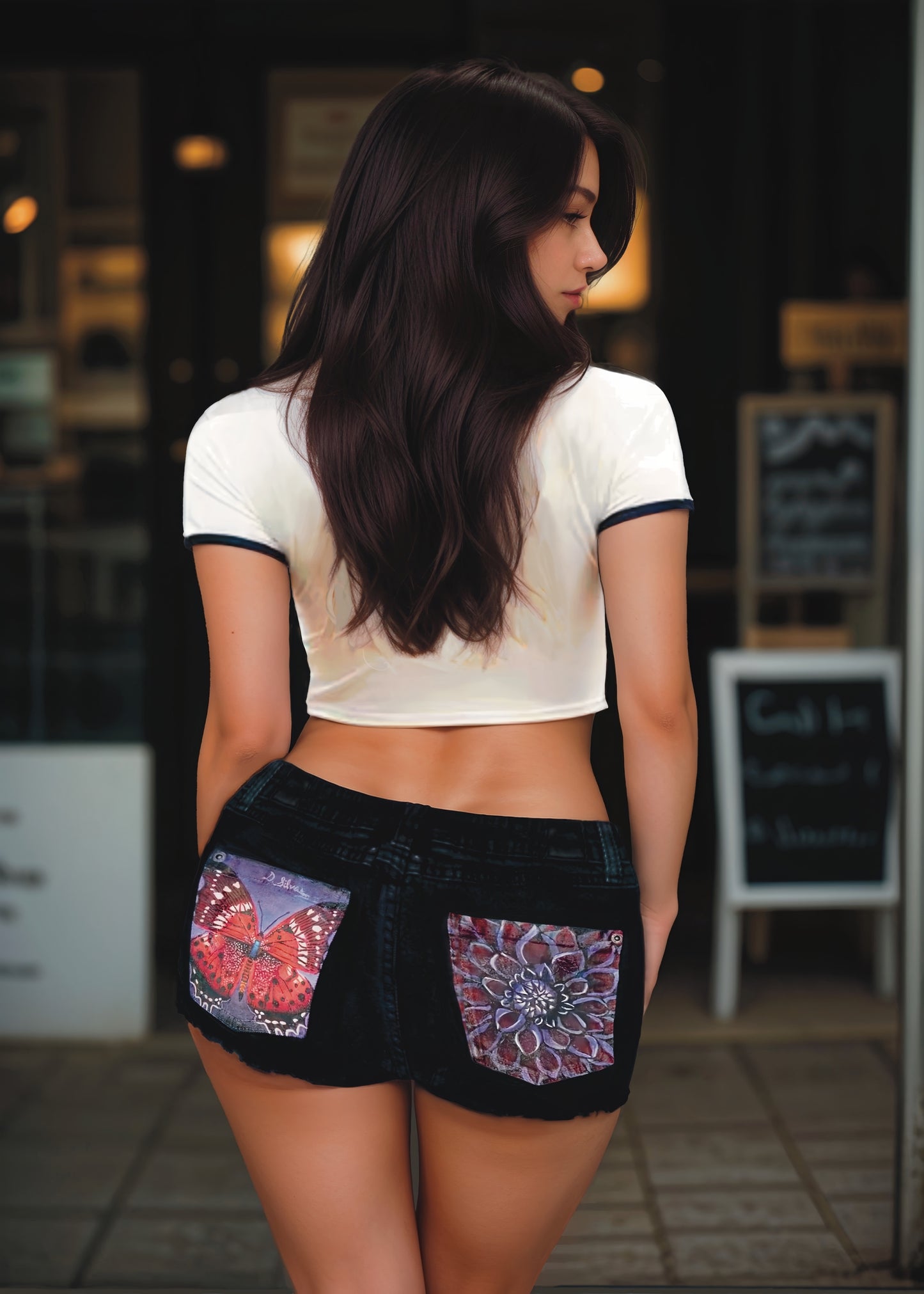 Red Butterfly + Black Dahlia - Women's Denim Shorts