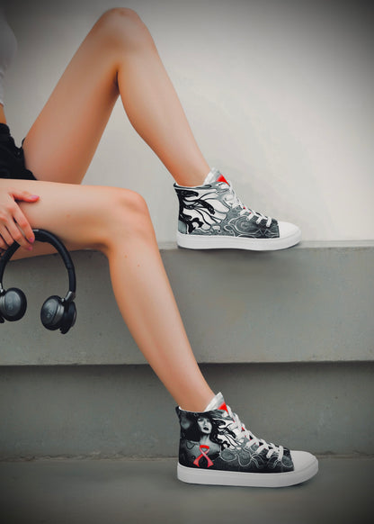 Pink Ribbon (Noir) Women’s High Top Canvas Shoes