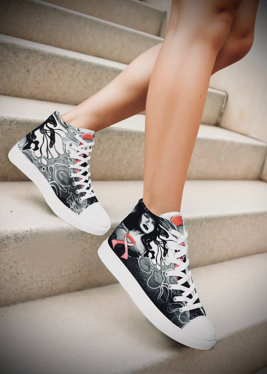 Pink Ribbon (Noir) Women’s High Top Canvas Shoes