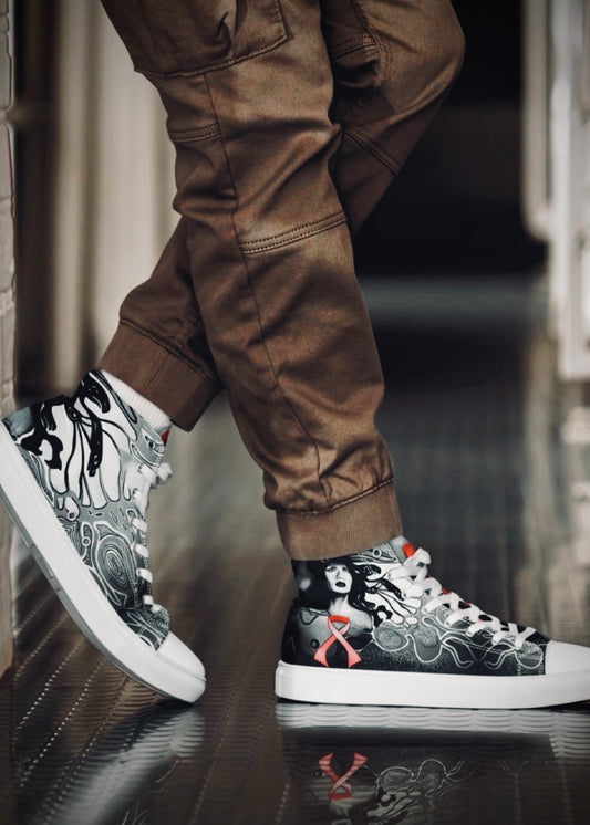 Pink Ribbon (Noir) - Men’s High Top Canvas Shoes