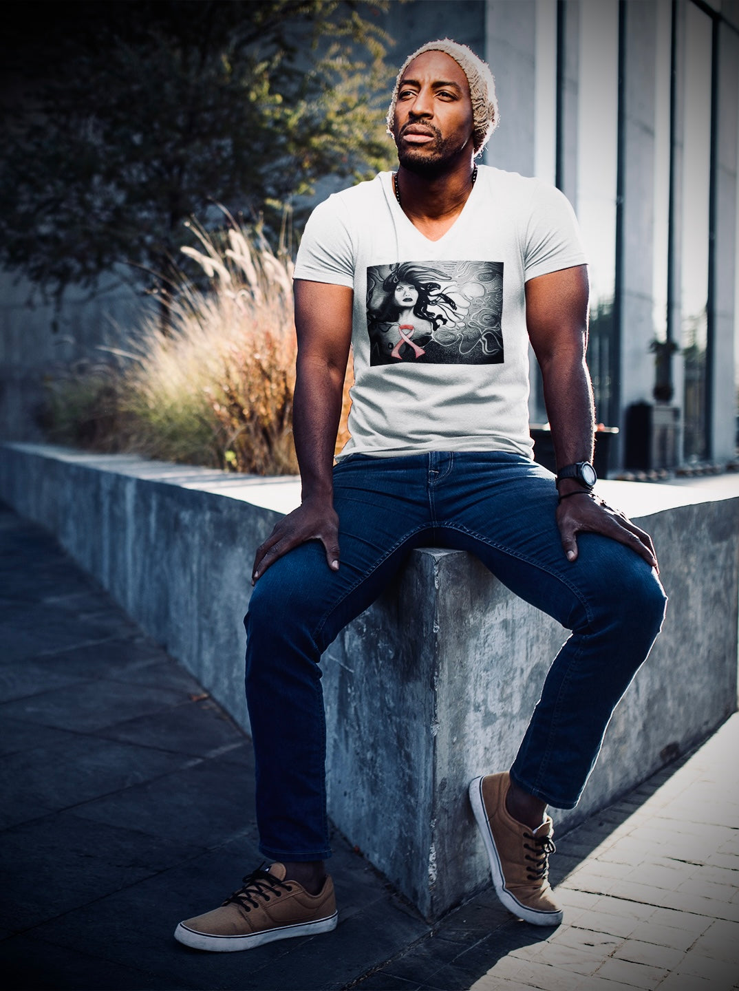 Breast Cancer Awareness (Noir) - Unisex Short Sleeve V-Neck Tee