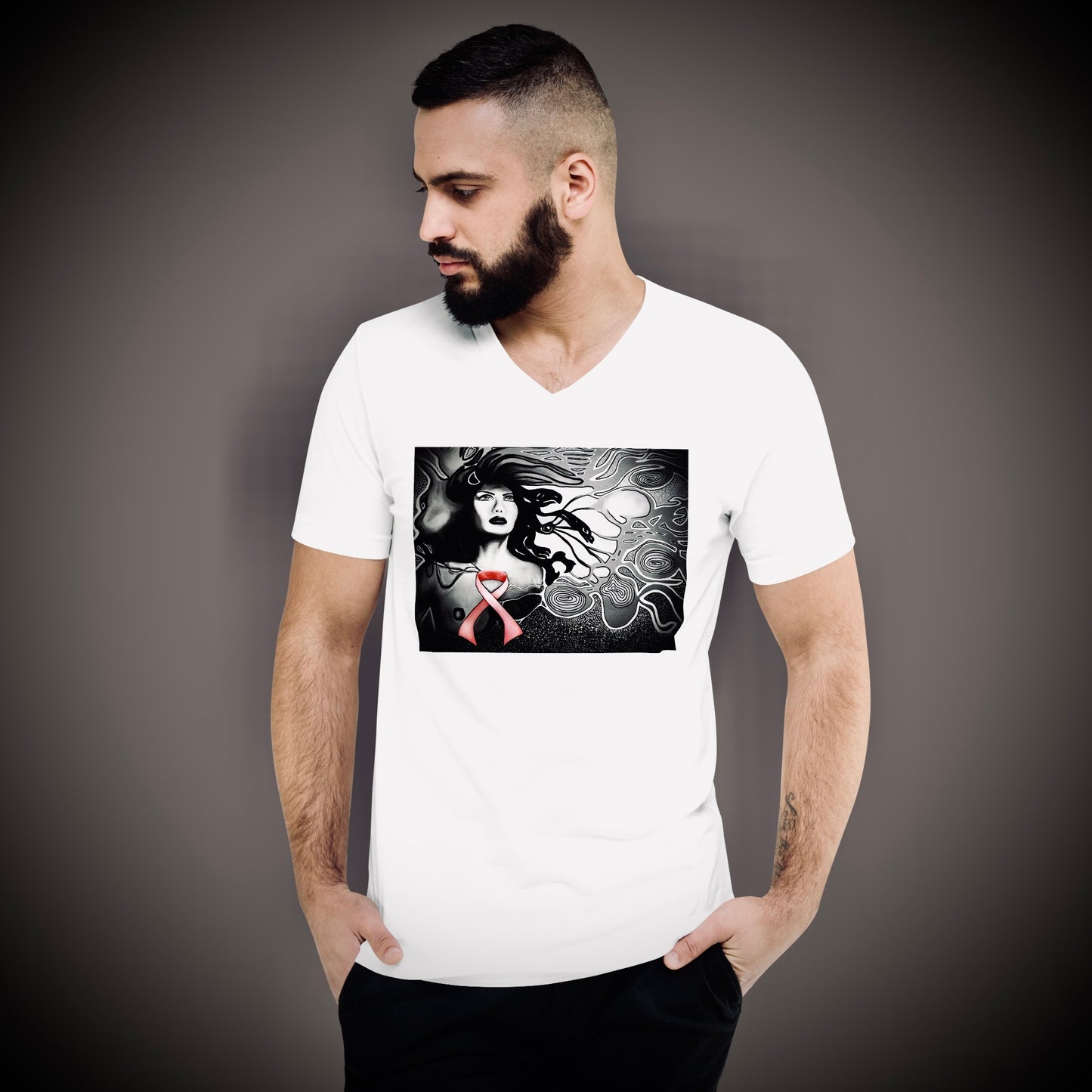 Breast Cancer Awareness (Noir) - Unisex Short Sleeve V-Neck Tee