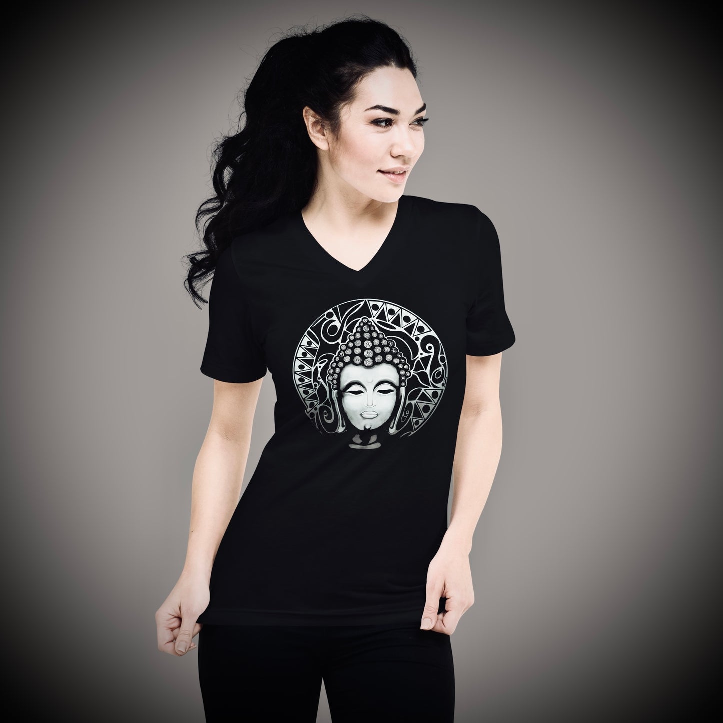 Buddha (Noir) - Unisex Short Sleeve V-Neck Tee