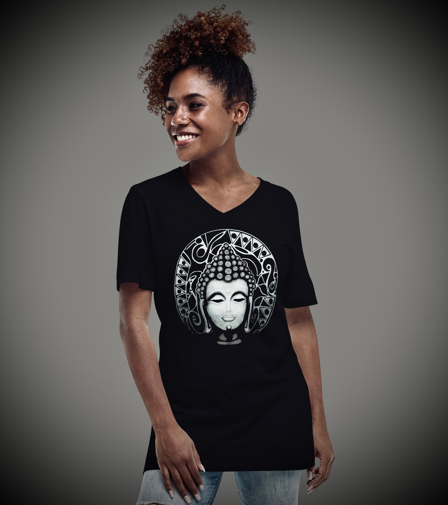 Buddha (Noir) - Unisex Short Sleeve V-Neck Tee