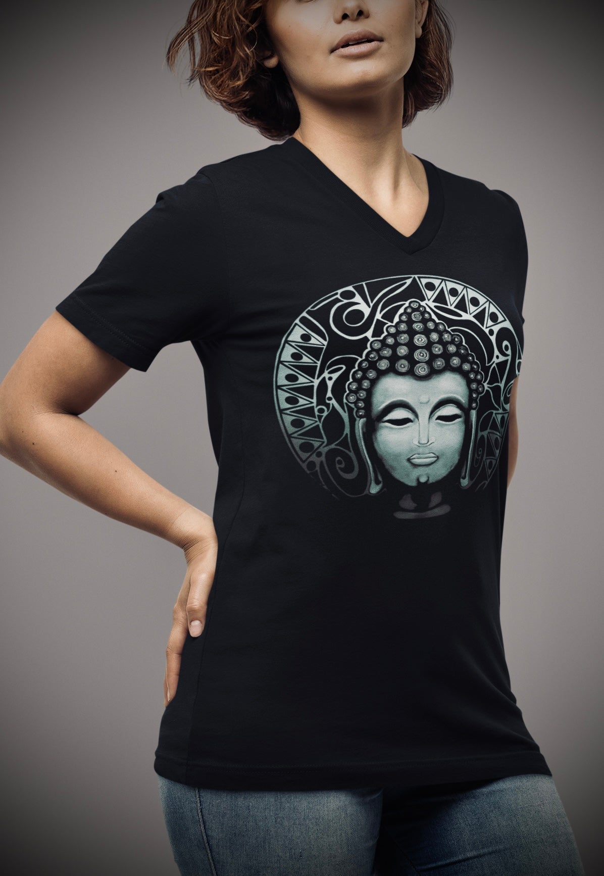 Buddha (Noir) - Unisex Short Sleeve V-Neck Tee