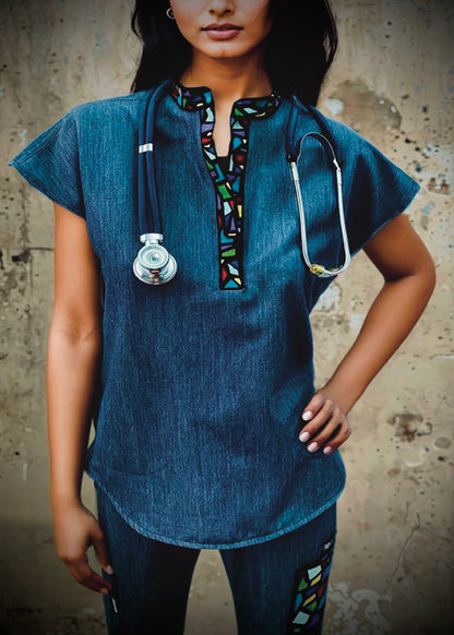 Figs - Stained Glass - Women’s Mandarin Scrub Top & YOLA 2.0 Tall Skinny Scrub Pants