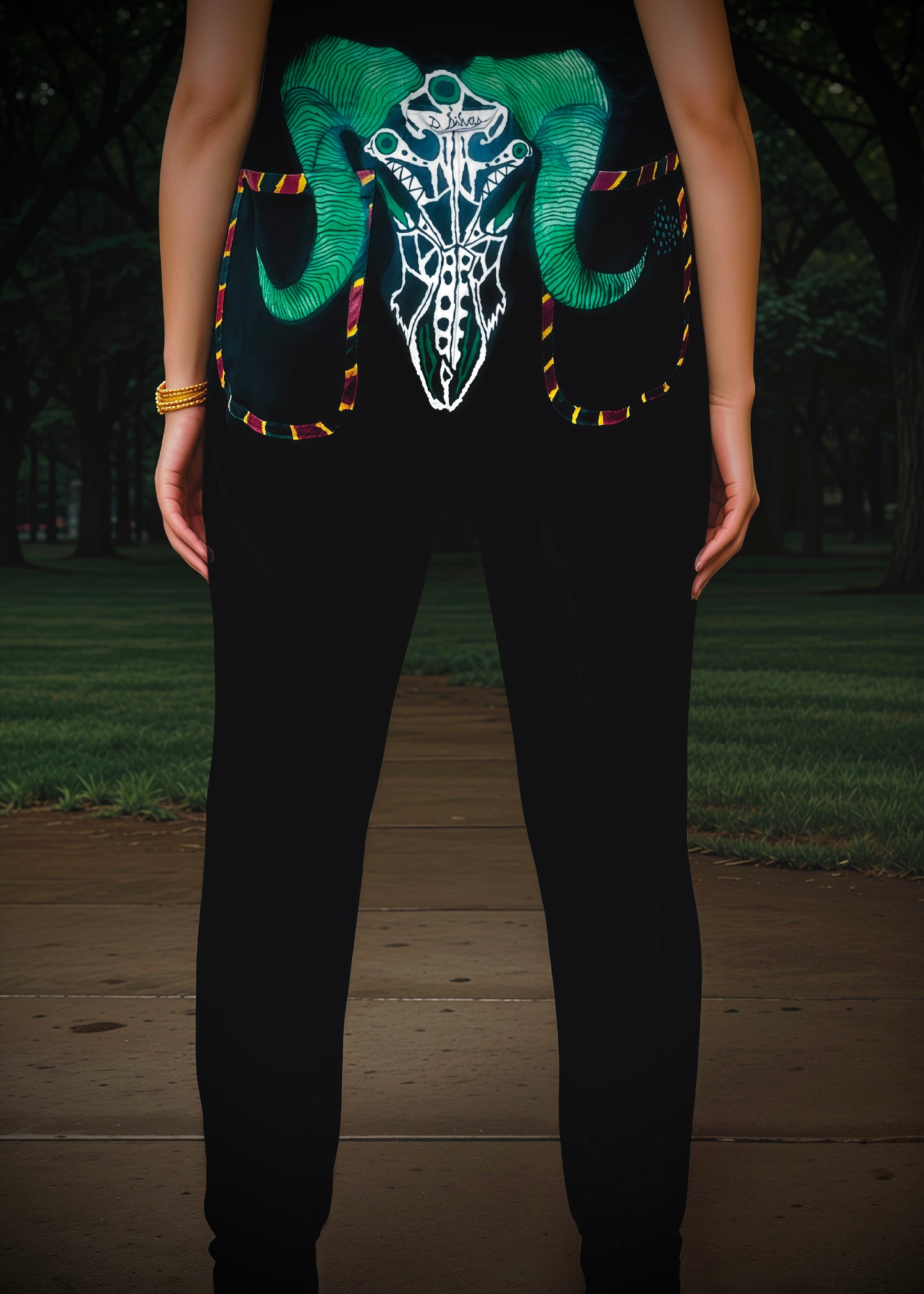 Heartsoul - Women's V-neck Scrub Top & Low Rise Jogger Pant - Indigenous Border Trim + Goat Skull