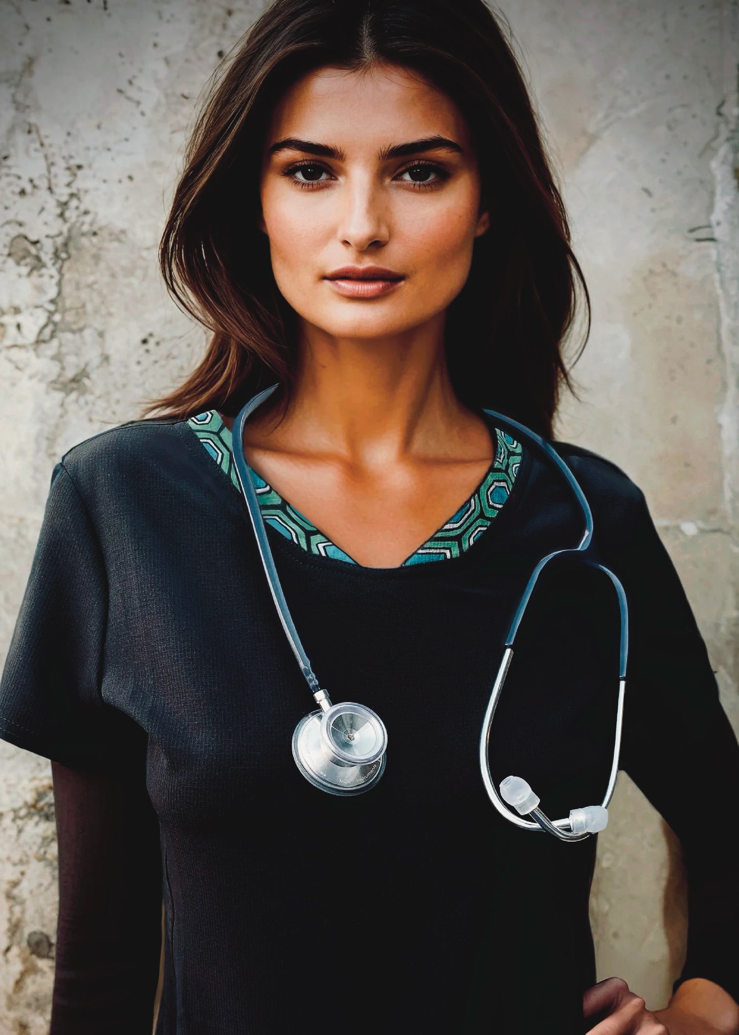 Heartsoul - Women's V-neck Scrub Top & Low Rise Jogger Pant - Indigenous Border Trim + Goat Skull