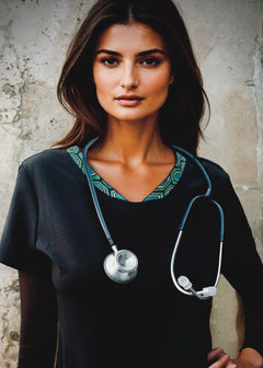 Women's V-neck Scrub Top & Low Rise Jogger Pant - Indigenous Border Trim + Goat Skull