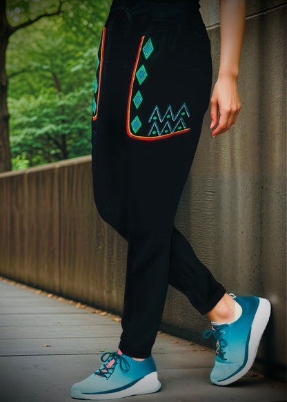 Heartsoul - Women's V-neck Scrub Top & Low Rise Jogger Pant - Indigenous Border Trim + Goat Skull