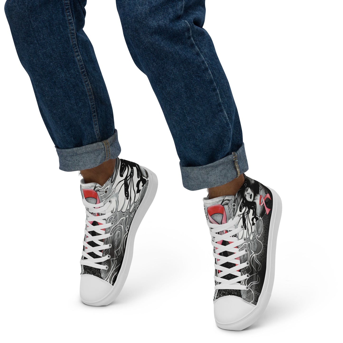 Pink Ribbon (Noir) - Men’s High Top Canvas Shoes