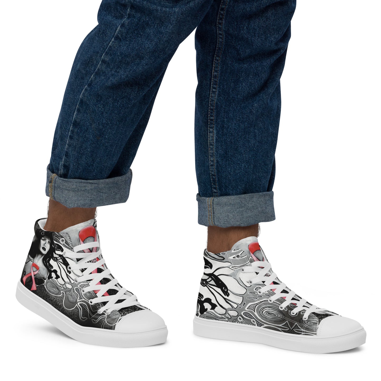 Pink Ribbon (Noir) - Men’s High Top Canvas Shoes