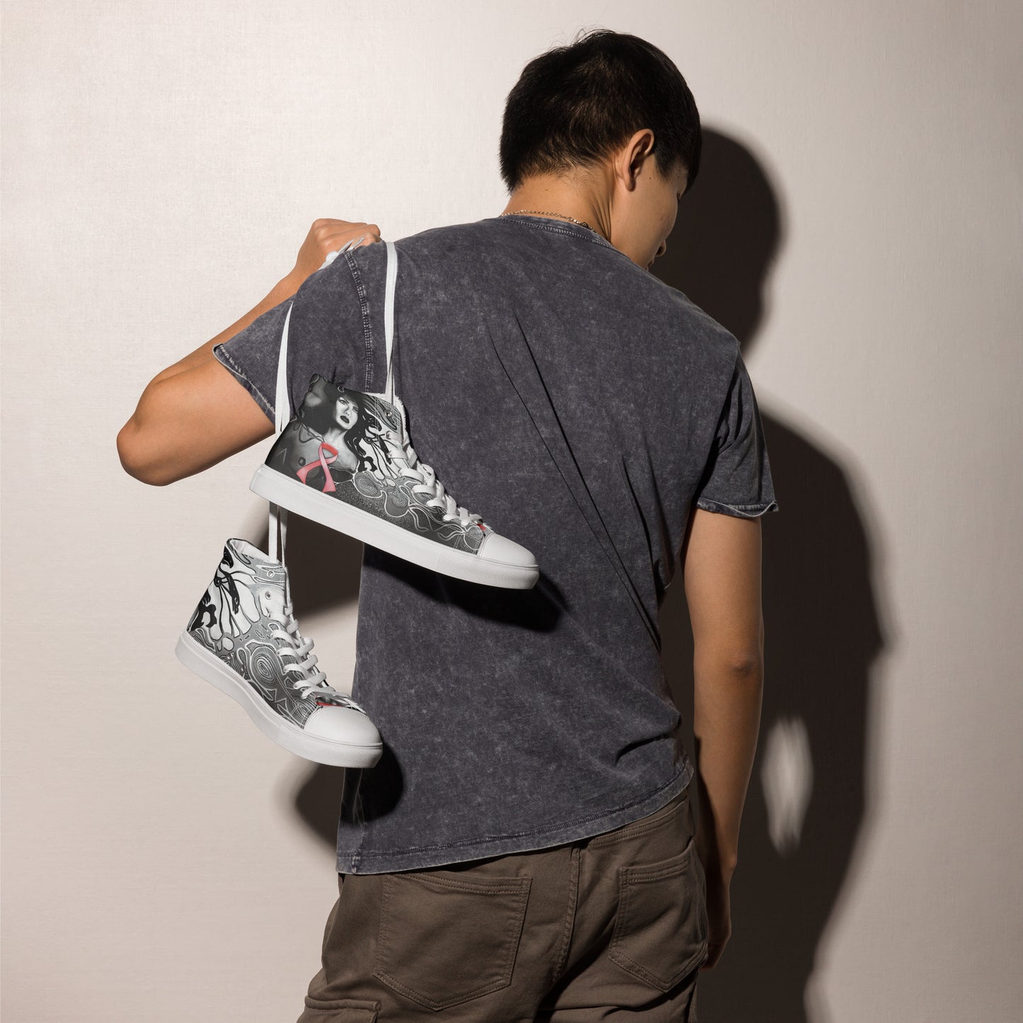 Pink Ribbon (Noir) - Men’s High Top Canvas Shoes