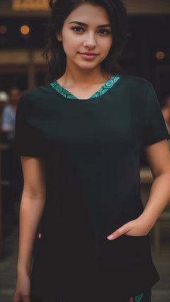 Women's V-neck Scrub Top & Low Rise Jogger Pant - Indigenous Border Trim + Goat Skull